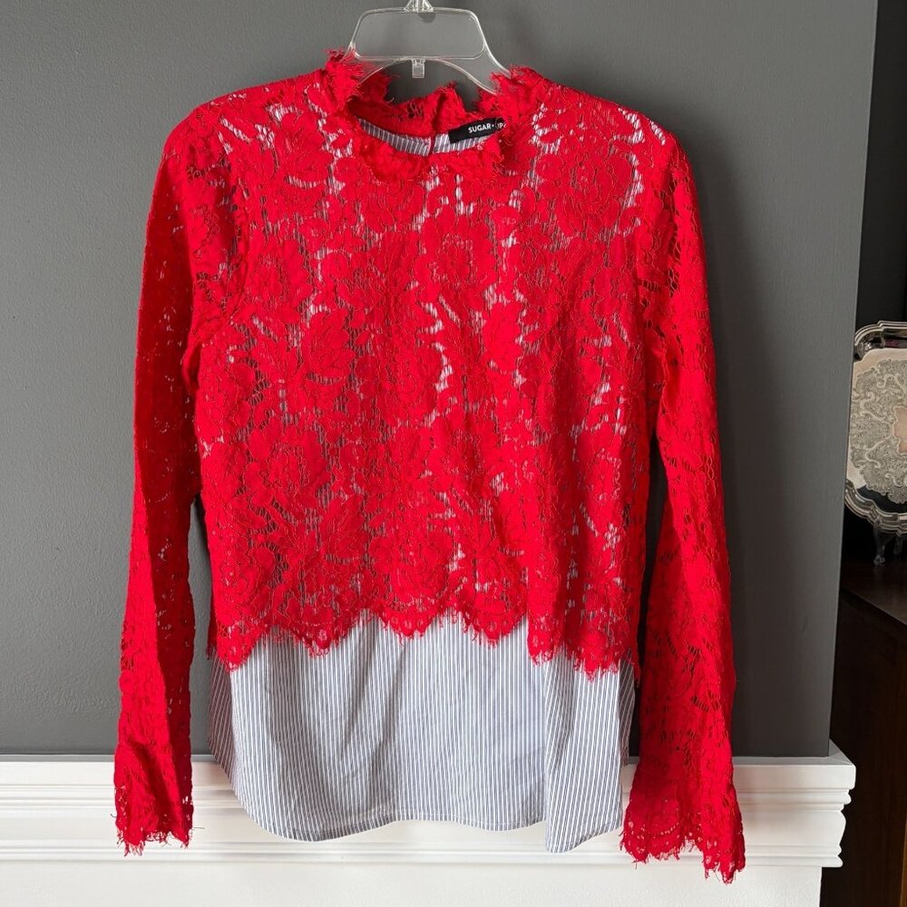 Sugar + Lips Pinstripe and Red Lace Long Sleeve Top Blouse Size Large